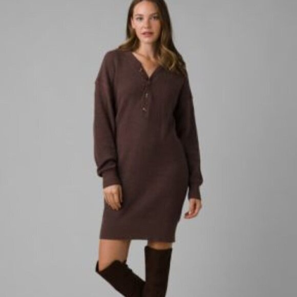NWT PRANA Womens' Brown Milani Henley Long Sleeve Sweater Dress Size Small $109. - Picture 1 of 12
